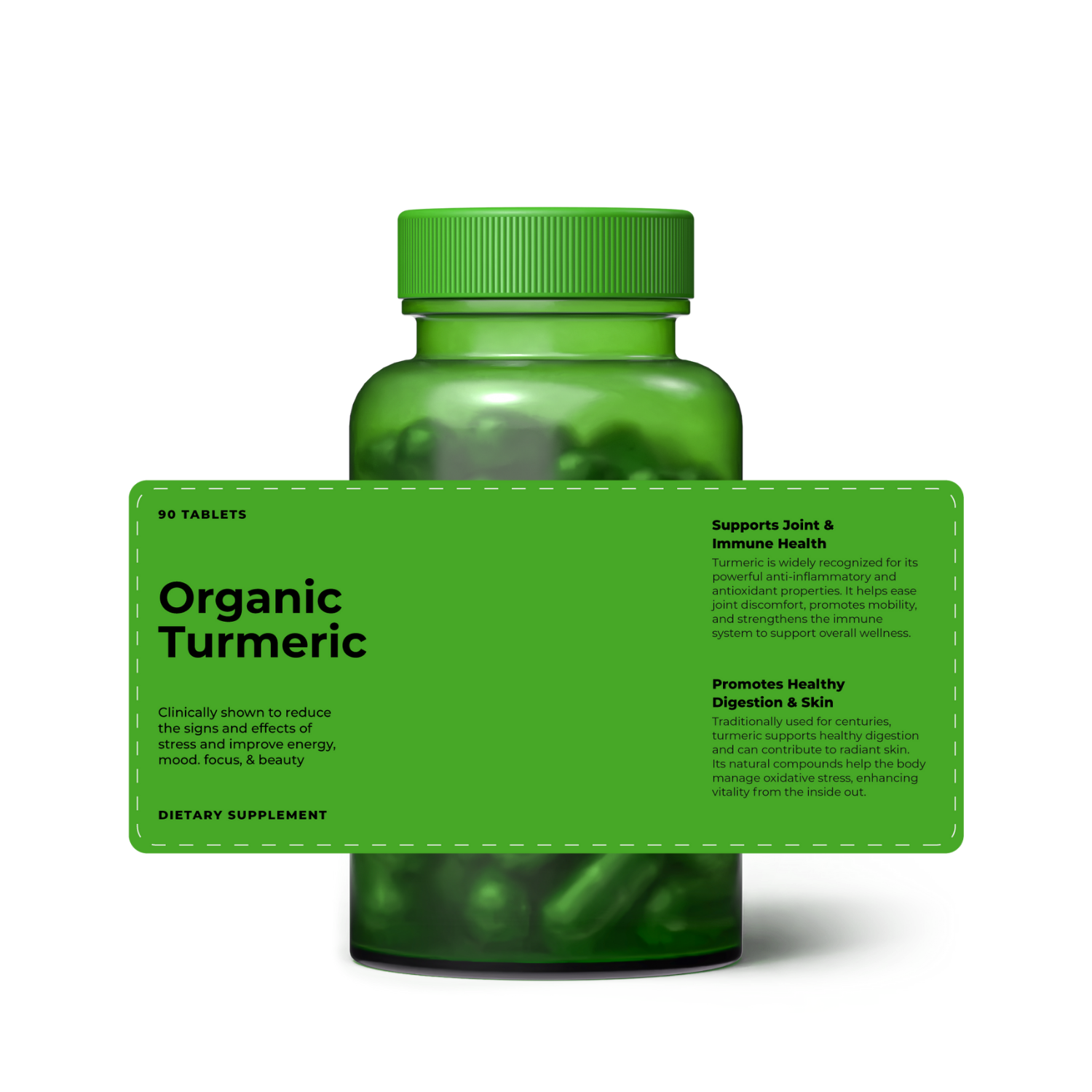 Organic Turmeric bottle with the label unrolled beside it, showing all marketing copy panels
